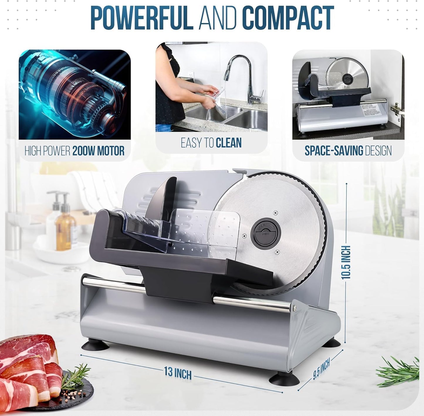 Meat Slicer, 200W Powerful Electric Food Slicer-Deli Meat Slicer Machine for Home Use for, Cheese, Bread, Vegetables-2 Round 7.5" Stainless Steel Blade, Child Lock Protection & Adjustable Thickness