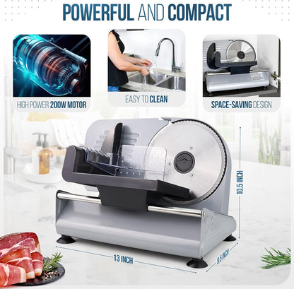 Meat Slicer, 200W Powerful Electric Food Slicer-Deli Meat Slicer Machine for Home Use for, Cheese, Bread, Vegetables-2 Round 7.5" Stainless Steel Blade, Child Lock Protection & Adjustable Thickness