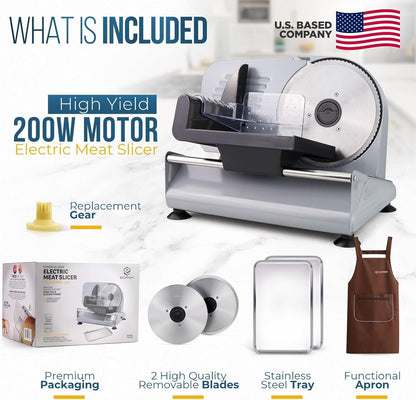 Meat Slicer, 200W Powerful Electric Food Slicer-Deli Meat Slicer Machine for Home Use for, Cheese, Bread, Vegetables-2 Round 7.5" Stainless Steel Blade, Child Lock Protection & Adjustable Thickness