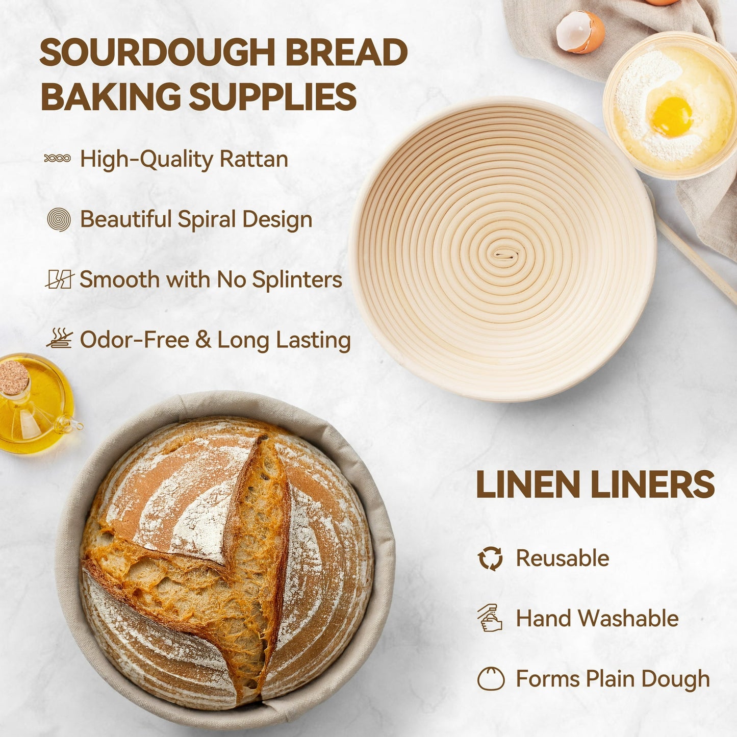 Kikcoin Bread Proofing Basket, 9 Inch Round Sourdough Proofing Basket with Linen Liner, Bread Lame and Dough Whisk for Kitchen