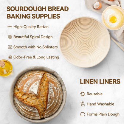 Kikcoin Bread Proofing Basket, 9 Inch Round Sourdough Proofing Basket with Linen Liner, Bread Lame and Dough Whisk for Kitchen