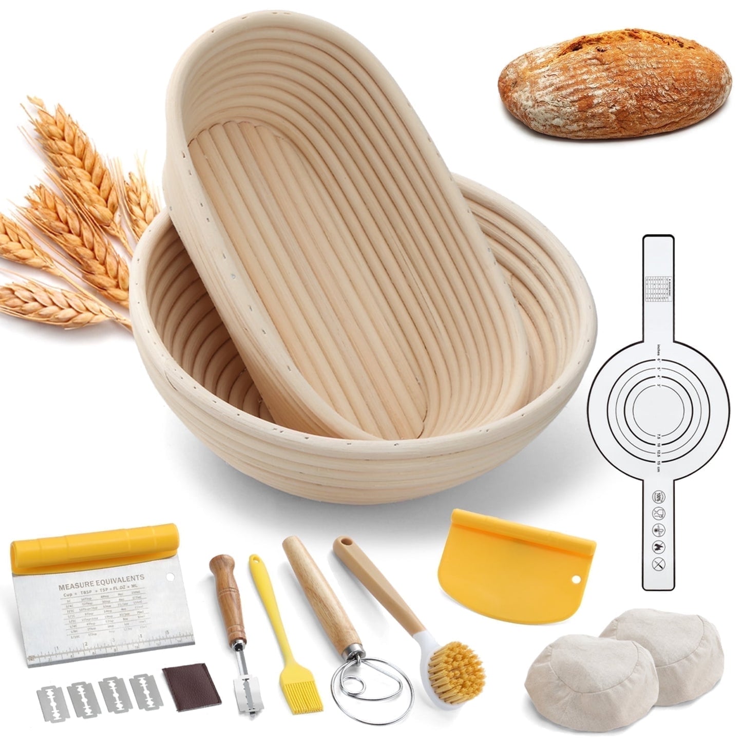 Mirdinner Bread Proofing Basket Set, 9 Inch Round & 10 Oval Bread Banneton Basket with Lame, Dough Scraper, Dough Whisk, Silicone Bread Sling for Making Baking Fermentation