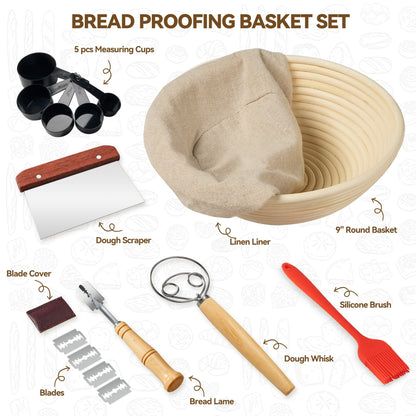 Kikcoin Bread Proofing Basket, 9 Inch Round Sourdough Proofing Basket with Linen Liner, Bread Lame and Dough Whisk for Kitchen
