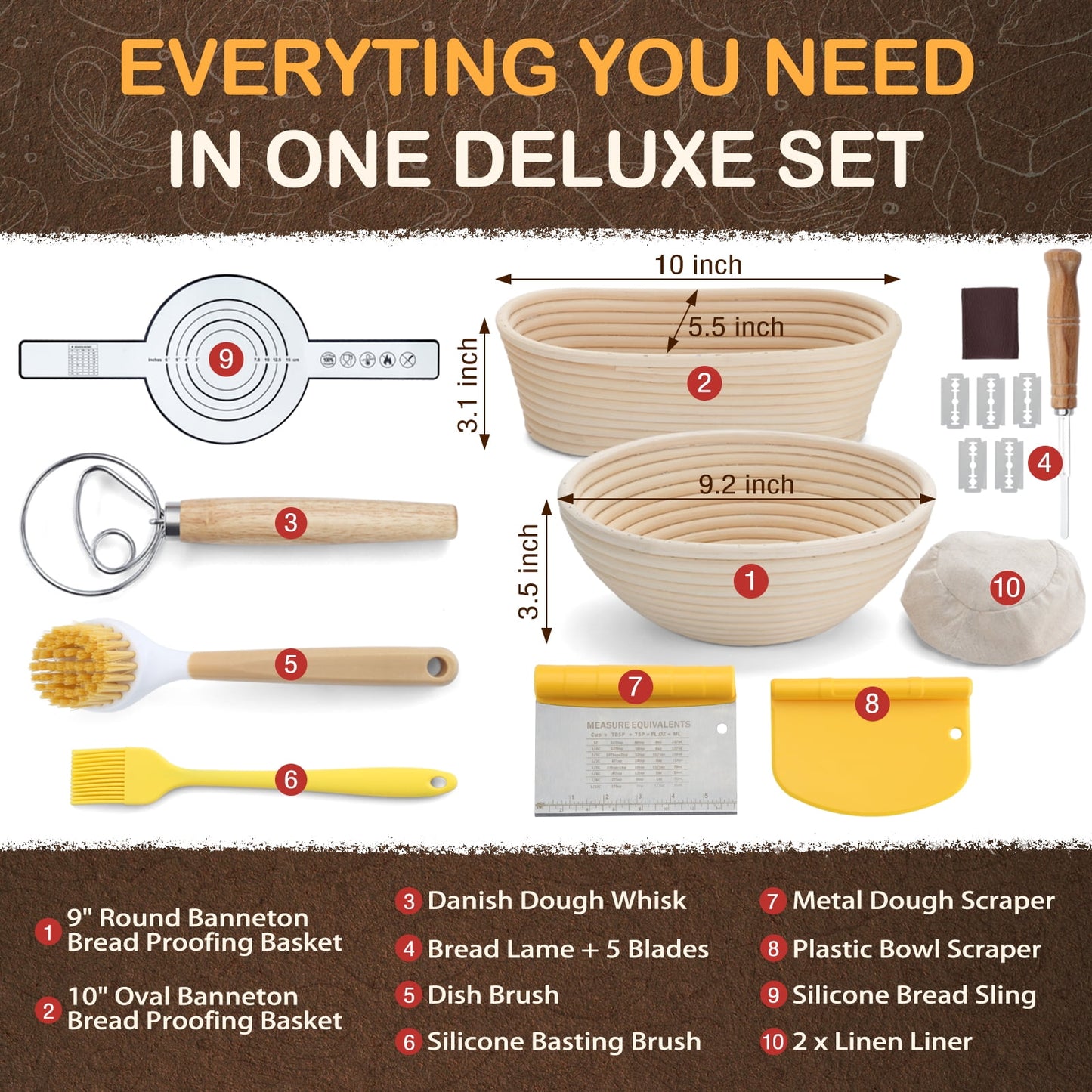 Mirdinner Bread Proofing Basket Set, 9 Inch Round & 10 Oval Bread Banneton Basket with Lame, Dough Scraper, Dough Whisk, Silicone Bread Sling for Making Baking Fermentation