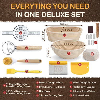 Mirdinner Bread Proofing Basket Set, 9 Inch Round & 10 Oval Bread Banneton Basket with Lame, Dough Scraper, Dough Whisk, Silicone Bread Sling for Making Baking Fermentation