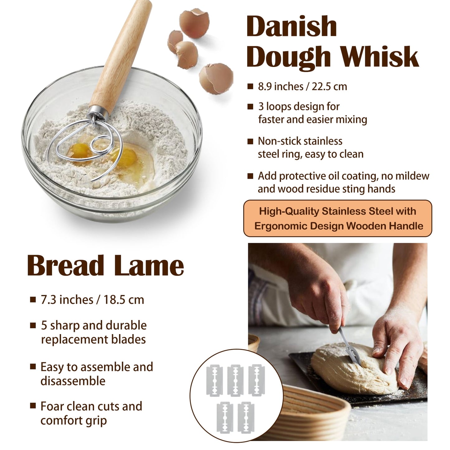 Mirdinner Bread Proofing Basket Set, 9 Inch Round & 10 Oval Bread Banneton Basket with Lame, Dough Scraper, Dough Whisk, Silicone Bread Sling for Making Baking Fermentation